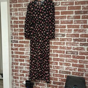Zara Black Pink Ditsy Floral Puff Long Sleeve Cottagecore Midi Dress Size M EUC